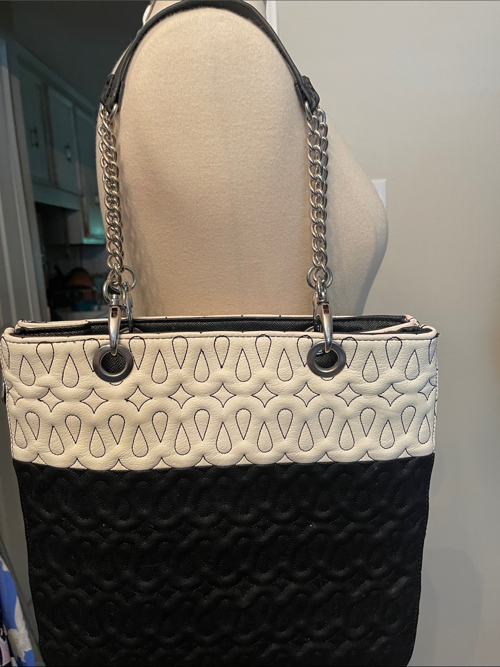 Chico's Black and White Quilted Chain-Handle Tote